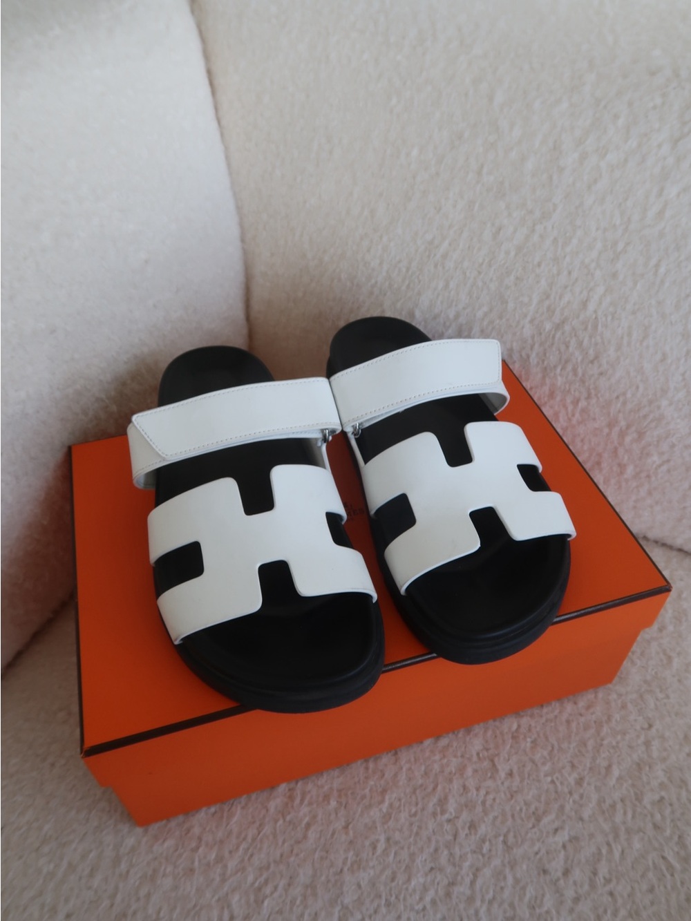 Hermes White and Black Oran Slide Sandals